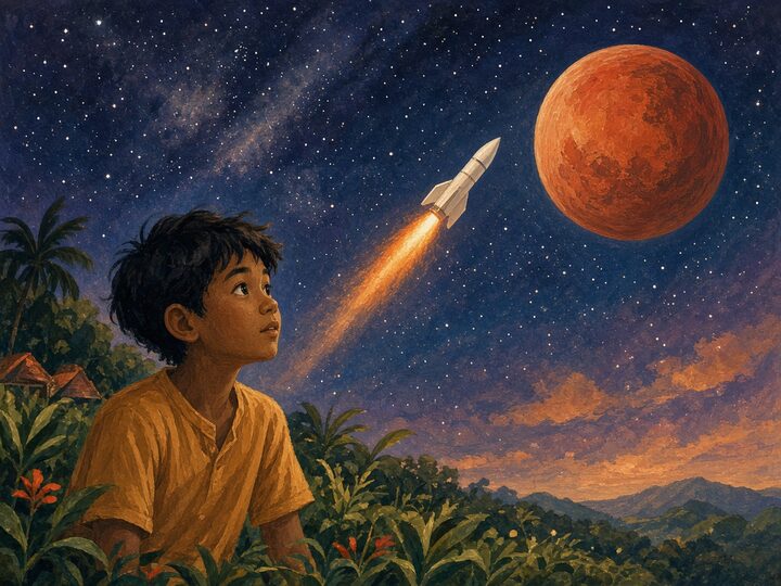 A child looking up at a rocket in the night sky