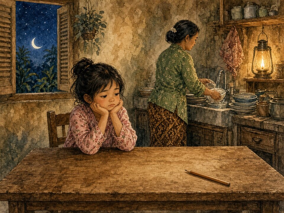 A child at the kitchen table at night, stuck on homework while mum is busy at the sink